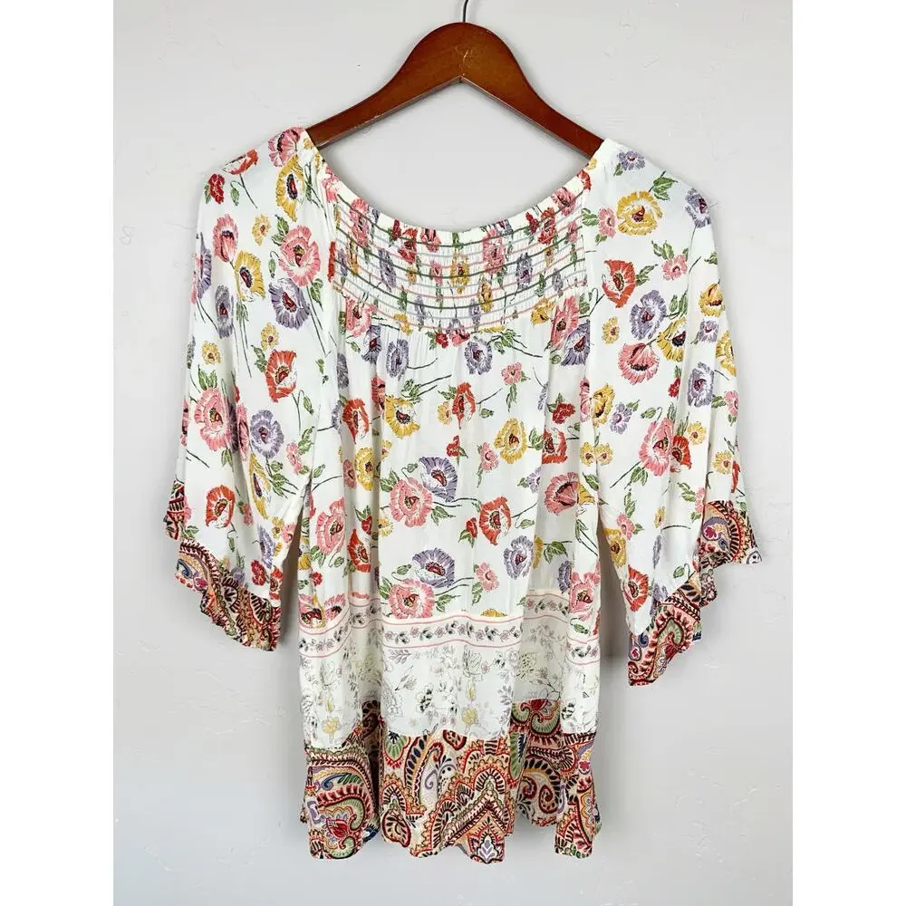 Democracy Blouse Cream Floral Top Flowy Women's S Boho Festival Cottagecore